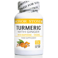 Honor Stone Turmeric Capsules with Ginger and Black Pepper Extract - High Strength - 1950mg - Vegan - Gluten Free - 60 Capsules. Turmeric 95% Curcuminoids 150mg.