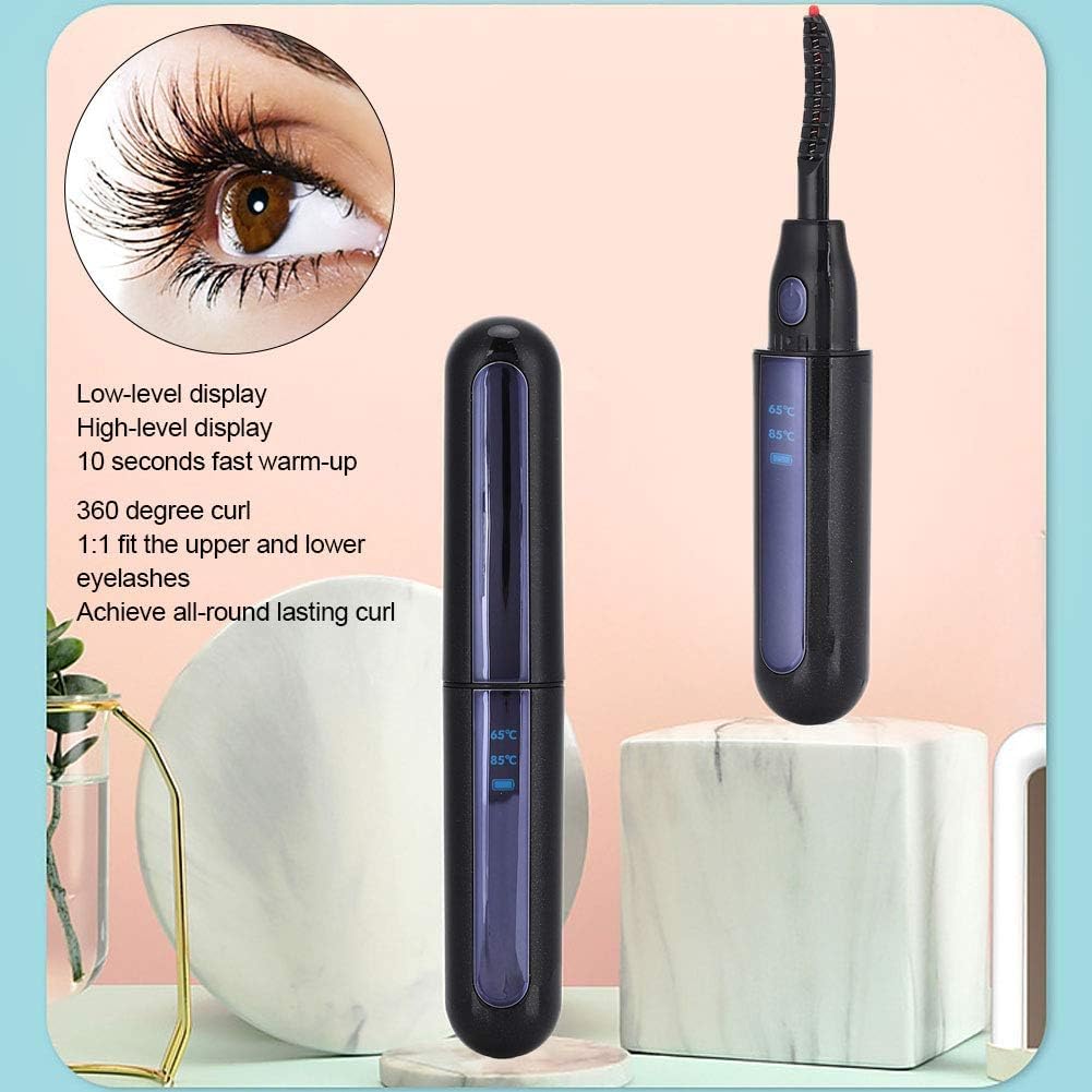 Mokeum Heated Eyelash Curler, USB Rechargeable Eyelash Curler, 2 Gear Temperature Control with LED Display Mini Lash Curler for Women Girls Quick Heating Curling (Black)