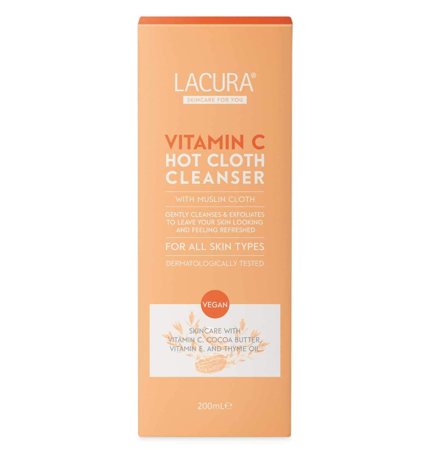 Lacura Vitamin C Hot Cloth Cleanser with Muslin Cloth 200ml | Removes Make Up | Gently Cleanses & Exfoliates | All Skin Types | For Sensitive Skin | Vegan Skincare