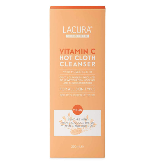 Lacura Vitamin C Hot Cloth Cleanser with Muslin Cloth 200ml | Removes Make Up | Gently Cleanses & Exfoliates | All Skin Types | For Sensitive Skin | Vegan Skincare