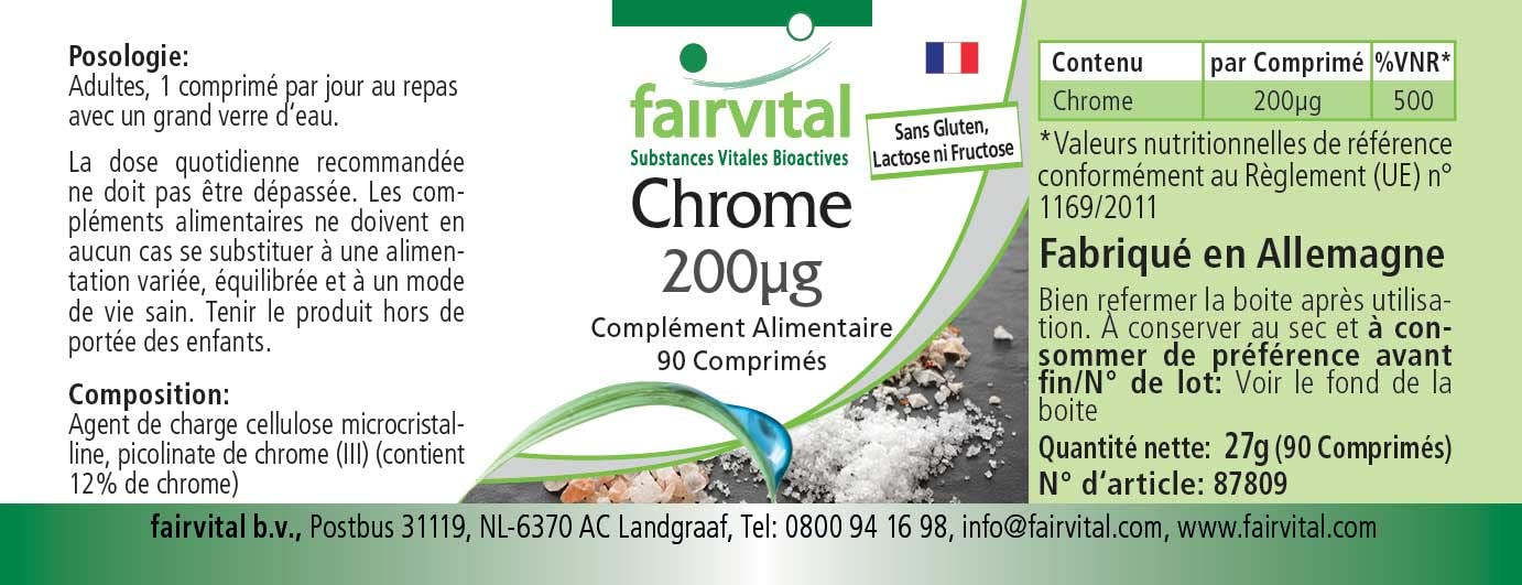 Fairvital | Chromium 200mcg from Chromium picolinate - Bulk Pack for 3 Months - HIGH Dosage - Vegan - 90 Tablets