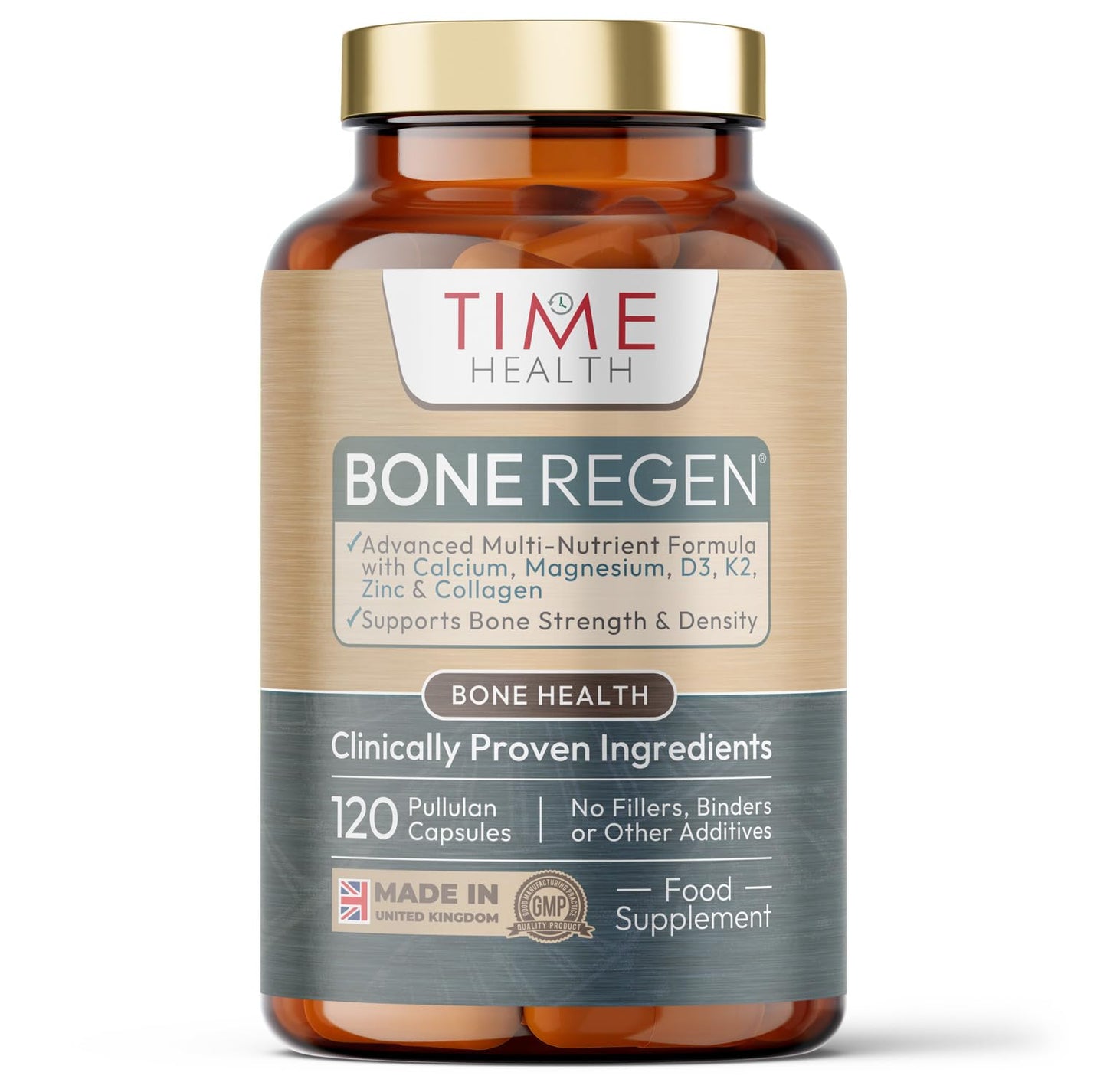 Time Health Bone Regen® – Osteo Support – Bone Strength, Density & Fracture Repair – with Calcium, Magnesium, Vitamin D3, K2, Zinc & Collagen – Clinically Proven Ingredients – GMP – UK Made Supplement