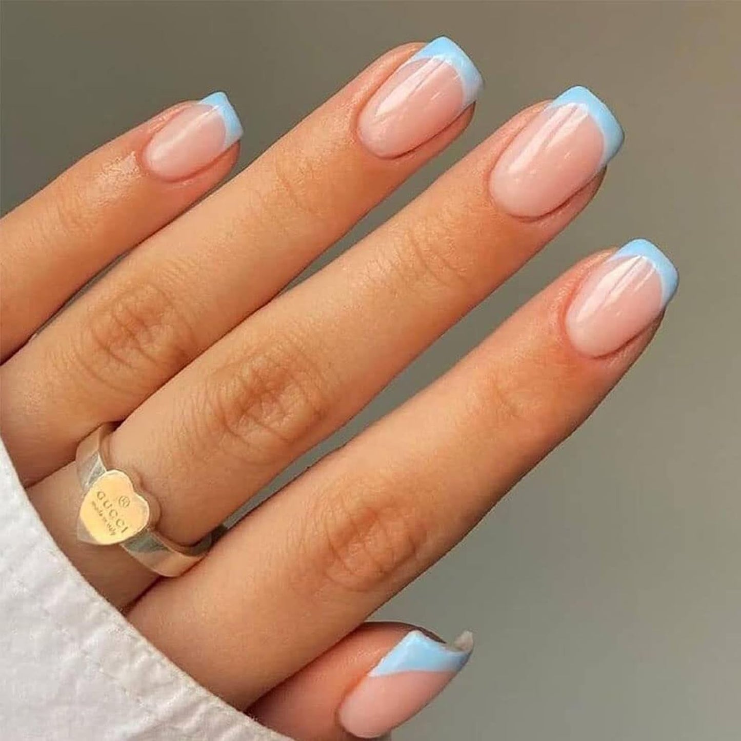 NLFOX French False Nails - 24pcs Square Short Fake Nails - Baby Blue Elegant Press on Nails French Tip - Glossy Glue on nails - Full Cover,12 Sizes Reusable Acrylic Nail for Women Girls