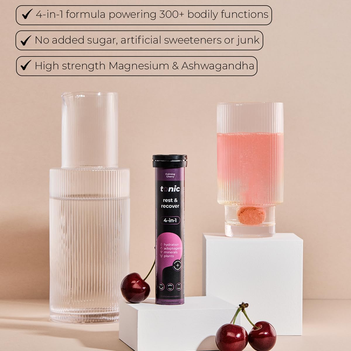 Tonic Health Rest and Recovery Magnesium Effervescent Tablets - 300mg Elemental Magnesium, Ashwagandha, Lemon Balm - No Sugar, Vegan Multivitamin - Relax and Recharge, Calming Cherry 20 Count