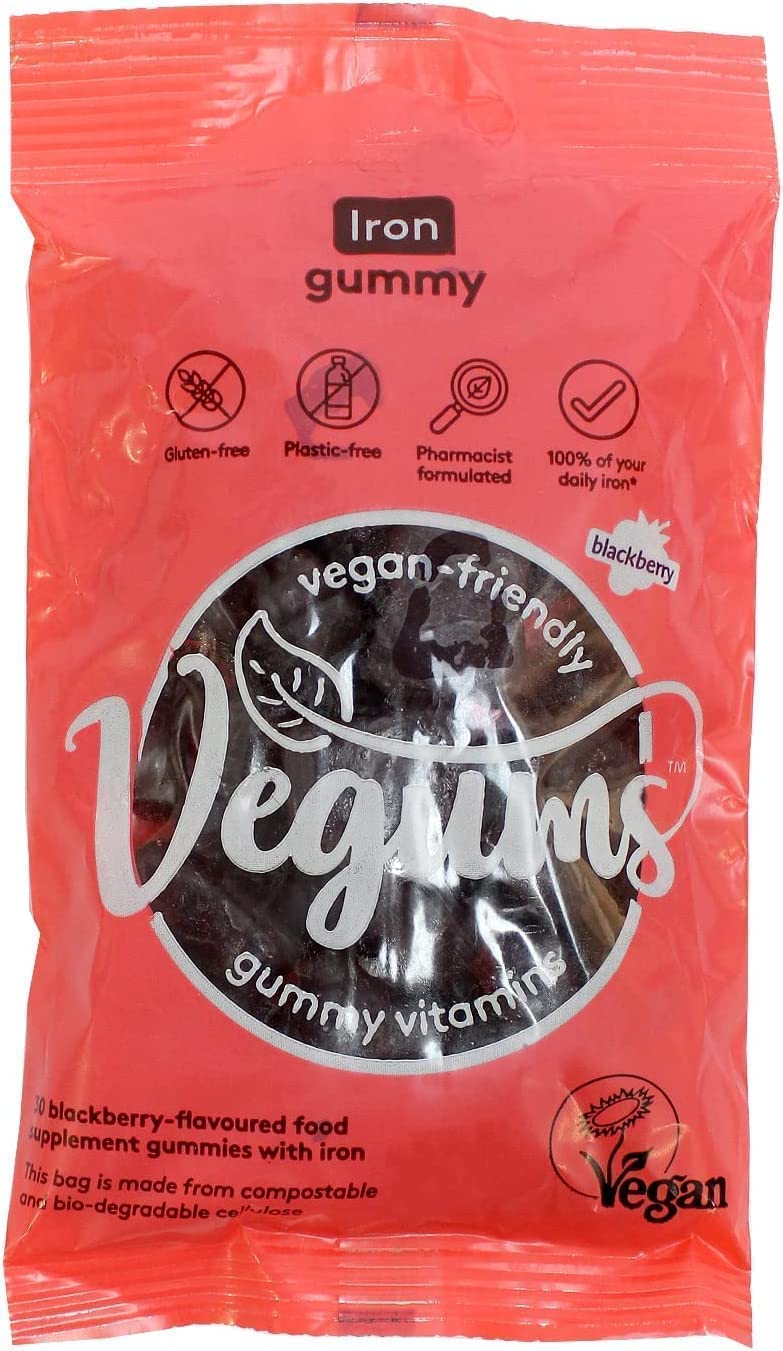 Vegums Iron Gummies | Vegan Friendly Gummy Vitamins | 30 BlackBerry Flavoured Chewable Iron Supplements for All The Family | Suitable for Vegans and Vegetarians