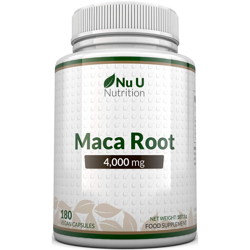 Nu U Nutrition Maca Root Capsules 4000mg - 180 Vegan Capsules - 6 Month Supply - High Strength Peruvian Maca Root for Men & Women - Made in The UK