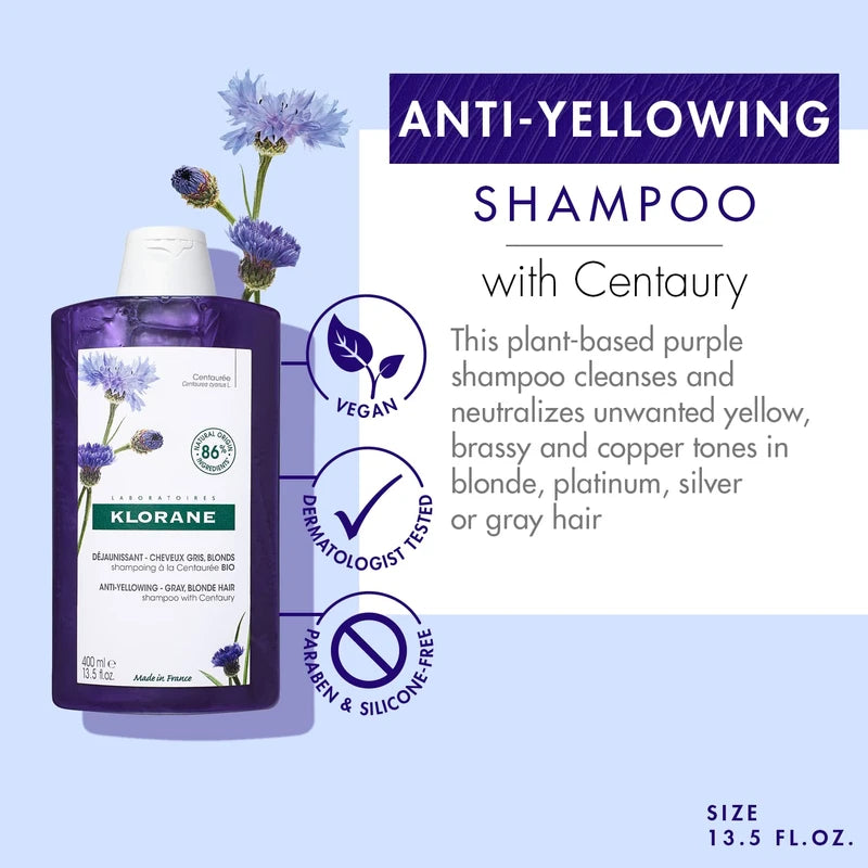 Klorane Plant-Based Purple Shampoo with Centaury, Brightens Blonde, Platinum, Silver, Gray or White Hair, Neutralizes Unwanted Yellow and Copper Tones, Paraben, Silicone and Sulfate Free, 13.5 fl.oz.