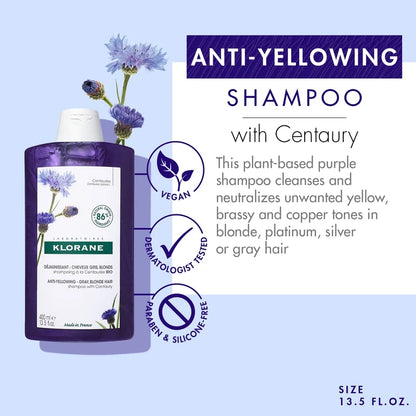 Klorane Plant-Based Purple Shampoo with Centaury, Brightens Blonde, Platinum, Silver, Gray or White Hair, Neutralizes Unwanted Yellow and Copper Tones, Paraben, Silicone and Sulfate Free, 13.5 fl.oz.