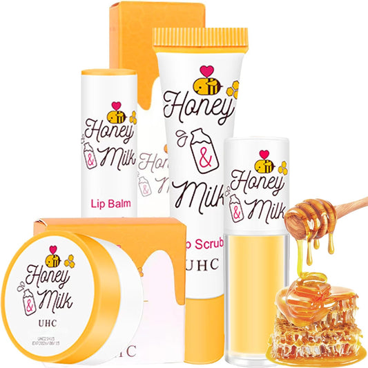 HAORQEE 4PCS Lip Care Set - Lip Mask Lip Balm Lip Scrub Lip Oil, Honeybalm Sleeping Mask Lip Scrub Exfoliator Lip Repair Sets, Moisturizing Hydrating Reduce Lip Lines Lip Balm Set for Dry Peeling Cracked Lips