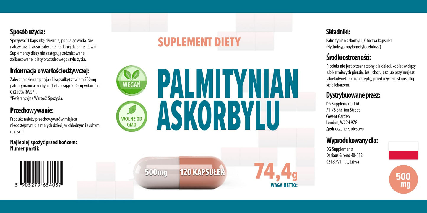 Hepatica Ascorbyl Palmitate 500mg 120 Vegan Capsules, 3rd Party Lab Tested, High Strength Supplement, No Fillers or Bulkers, Gluten and GMO Free