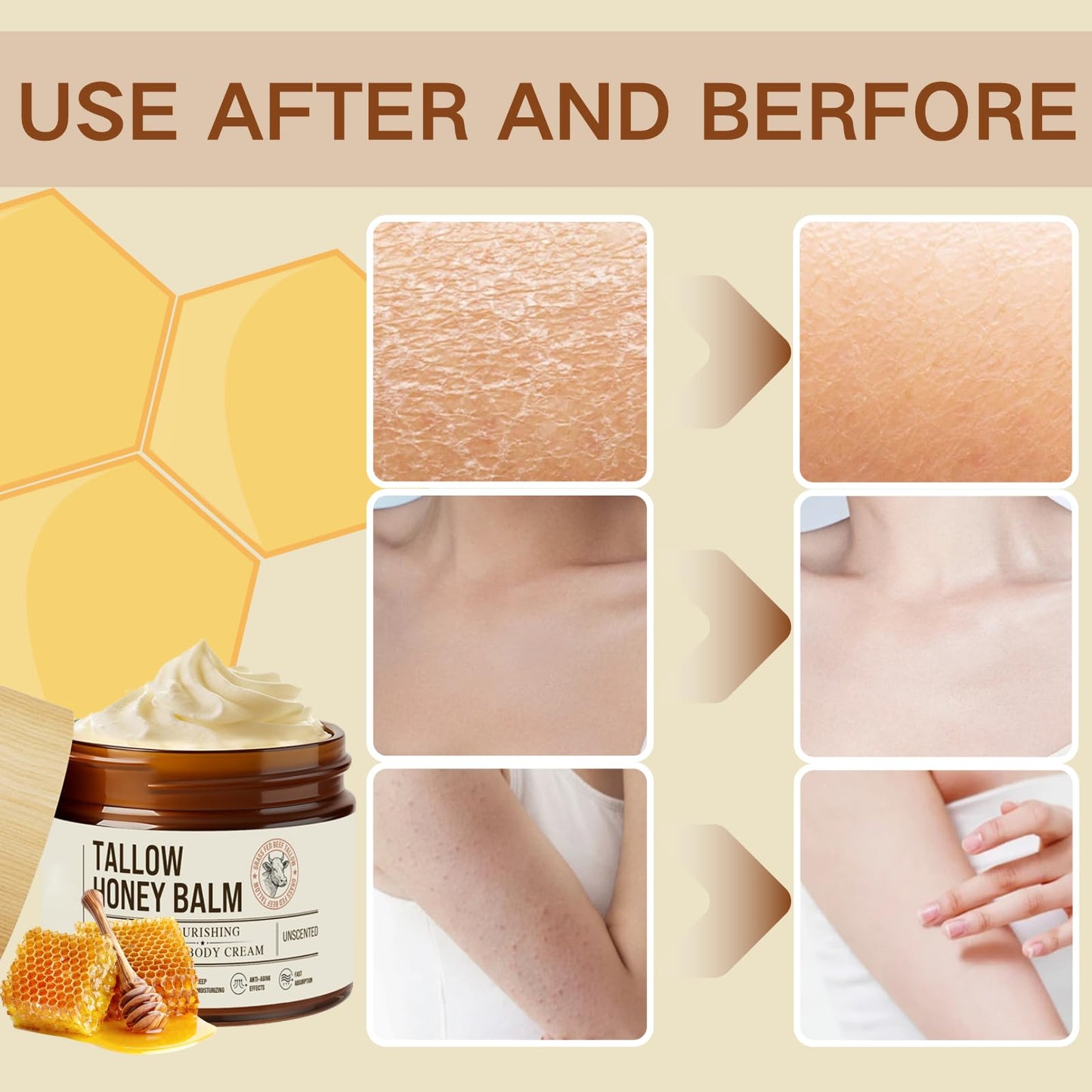Cureluxe Body Moisturiser & Face Cream with Natural Beef Tallow,Beef Tallow Honey Blam for Face & Body Care,Smooth Skin,Deep Hydration & Nourishment,Day Cream for All Skin Types,57g