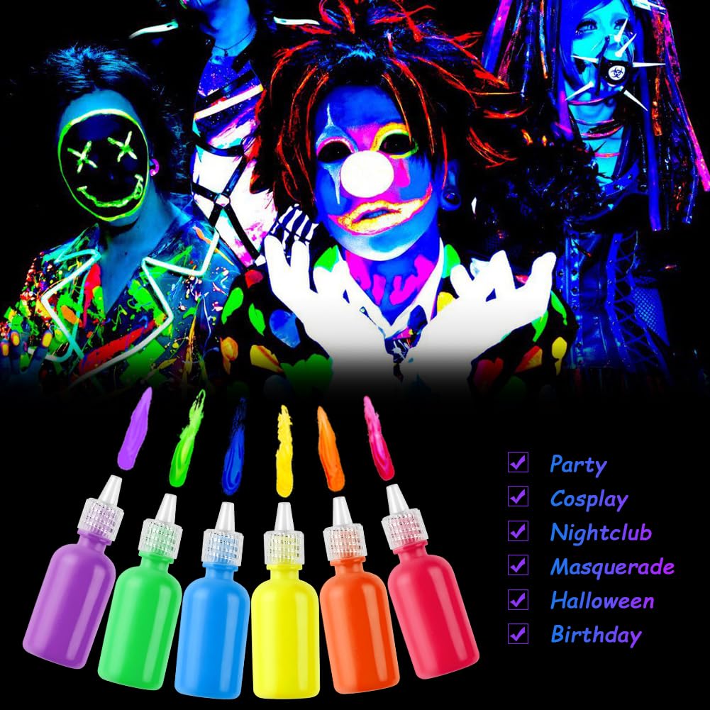 LOPHE UV Body Painting Set, 6 Pcs 30ML Ultraviolet Glow Face Paint with UV Lamp, UV Glowing Neon Liquid Face Painting, Non Toxic Face Body Paint for Carnival Halloween Cosplay Makeup Art Paint