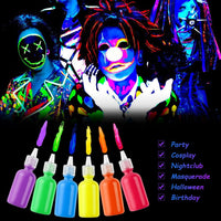 LOPHE UV Body Painting Set, 6 Pcs 30ML Ultraviolet Glow Face Paint with UV Lamp, UV Glowing Neon Liquid Face Painting, Non Toxic Face Body Paint for Carnival Halloween Cosplay Makeup Art Paint