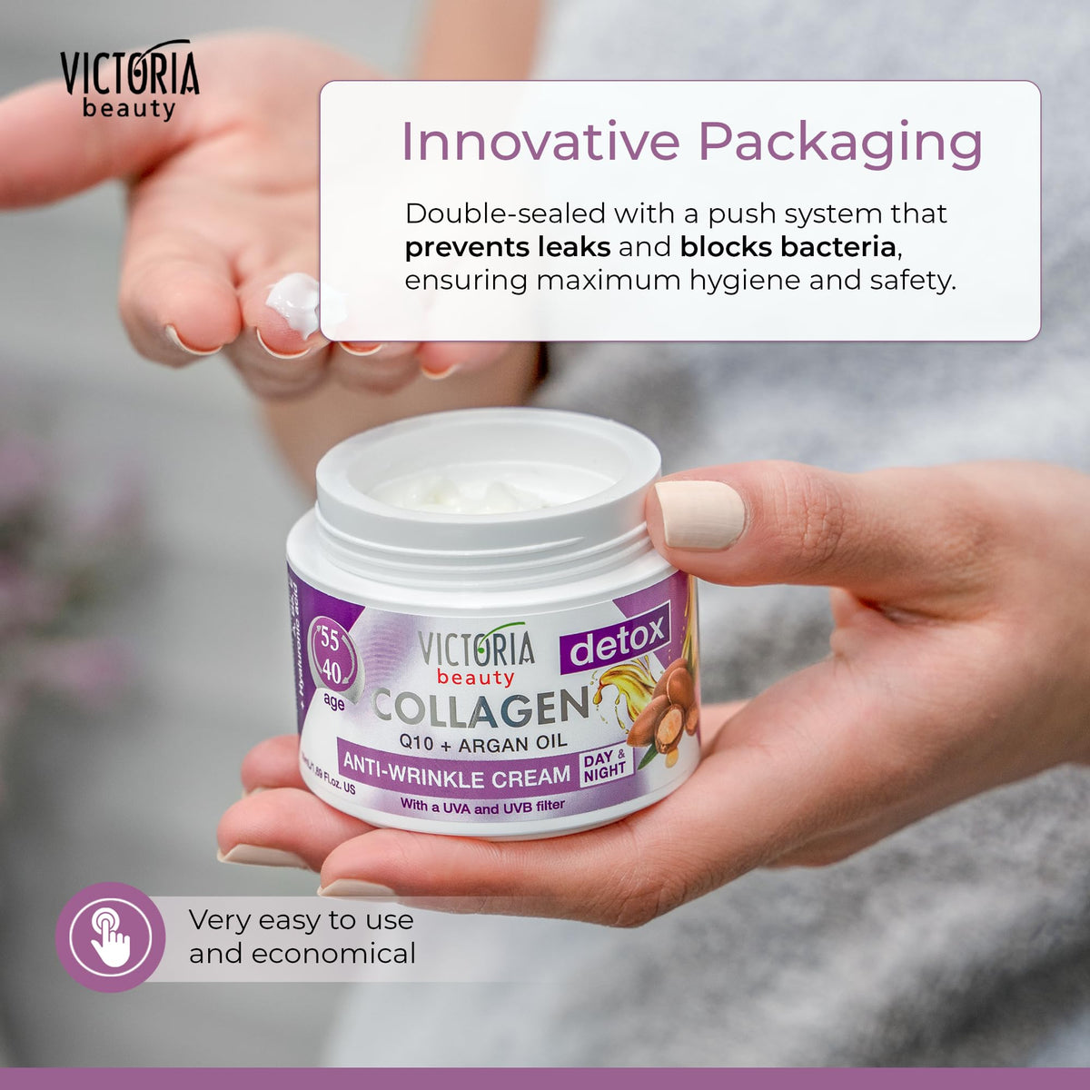 Victoria Beauty Day and Night Anti-Aging Moisturiser with Collagen, Hyaluronic Acid, Q10, Argan Oil, and a UVA/UVB Filter for Ages 40 – 55, Pack of 2 Creams (2 x 50 ml)