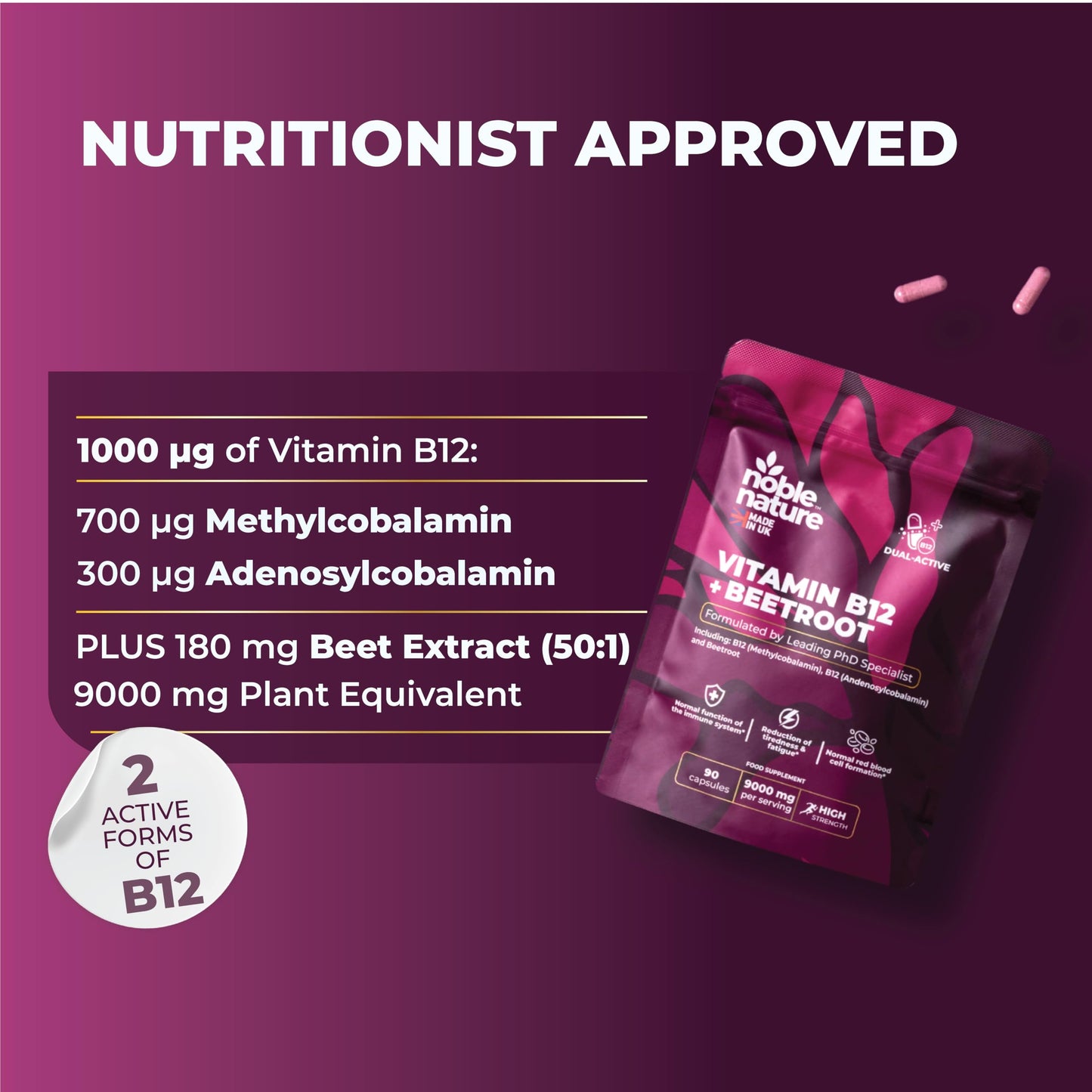 NobleNature Beetroot & Vitamin B12 Complex – 9000mg Beetroot + 1000mcg Dual B12 (Methylcobalamin & Adenosylcobalamin) – Energy & Immune Support – 90 Capsules – UK Made (90)