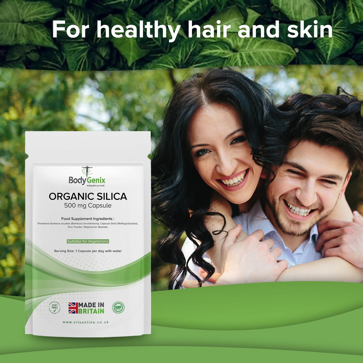 Bodygenix Organic Silica Capsules - 500mg Bamboo Extract Hormonal Balance Healthy Bones & Hair Natural Food Supplement - 30 Capsules 1 Month Supply