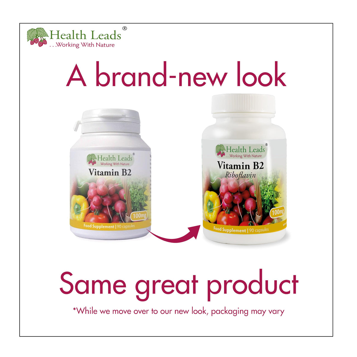 Health Leads ...Working With Nature Vitamin B2 100mg x 90 Capsules, Magnesium Stearate Free & No Nasty Additives, No-GMO, Vegan, Riboflavin Helps with Tiredness and Fatigue, Supports Energy Levels, Made in Wales