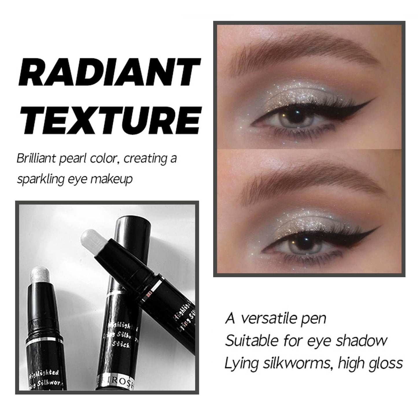 LYNTYAOU White Pearl Eyeshadow Stick, Shimmer Bright Color Eyes Makeup Pen, Metallic Cream Eye Shadow Crayon, Pearlescent Glitter Eyeshadows Pencil, High Pigmented Eyeliner Smooth for Women