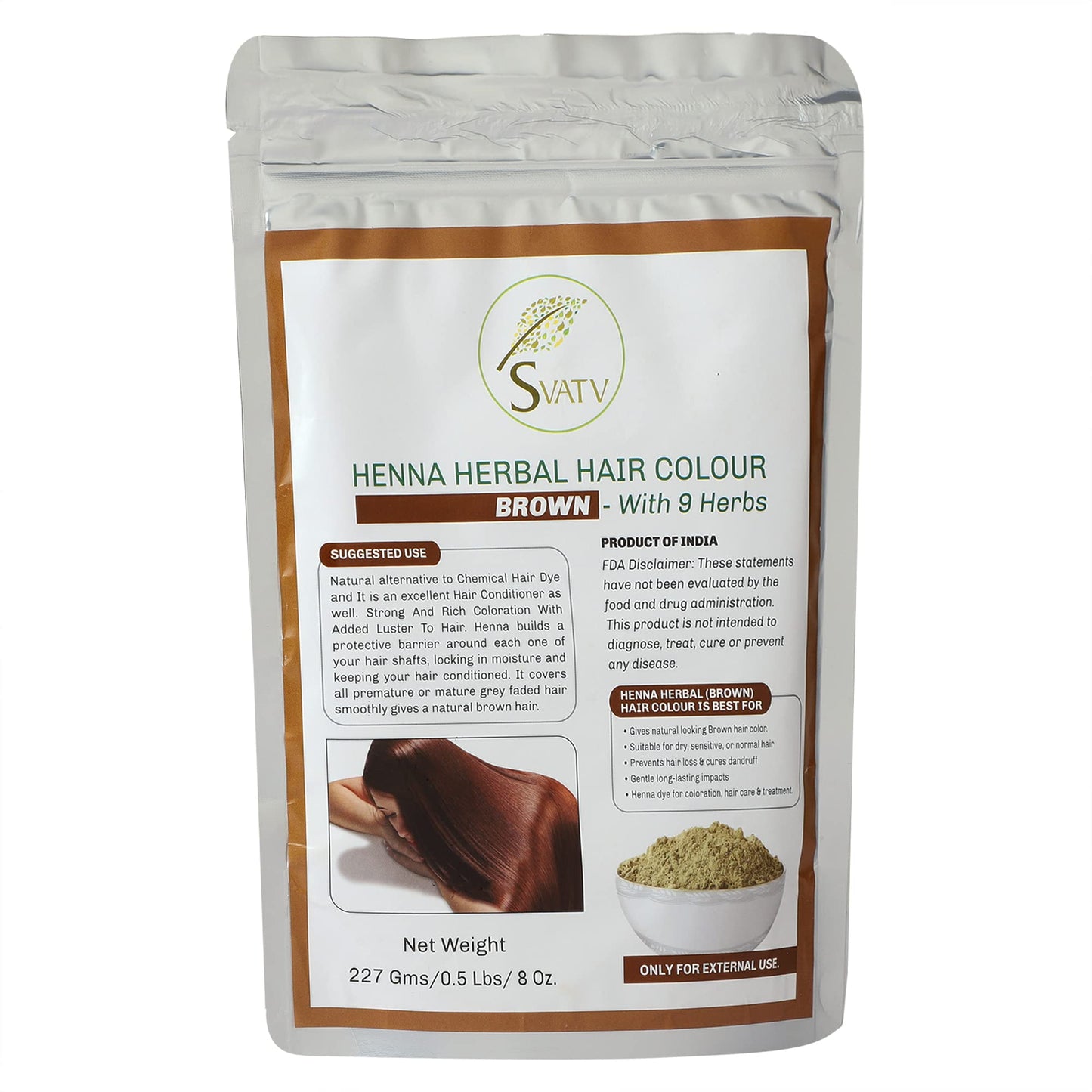 SVATV Brown Henna Hair Colour with Goodness of 9 Herbs | Brown Henna Mehndi for Hair, Make Hair Soft & Shiner Natural Hair Color for Men & Women 227g,08oz