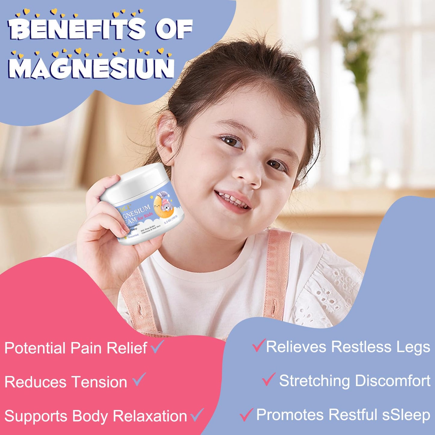 RoongDuuDll Magnesium Cream for Kids, Topical Magnesium Lotion for Sleep, Calm Magnesium Oil Butter Balm with Shea Butter, Aloe Vera, Calendula, Baby Cream for Feet, Stomach, Arms, Legs Relief for Bedtime - 150g