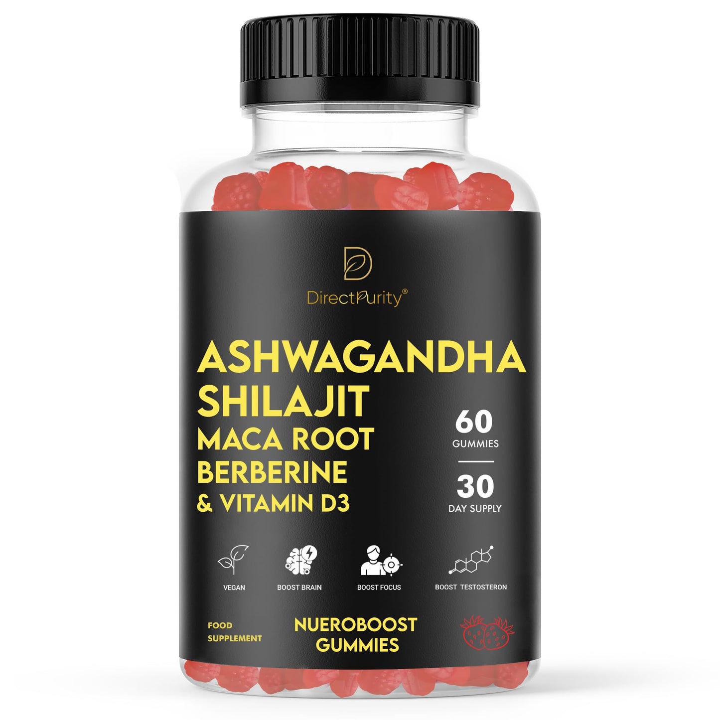 Ashwagandha Gummies 500mg, Shilajit 600mg, Maca Root 100mg, Berberine 100 mcg and Vitamin D3 20mg, 60 Count, Strawberry Flavour, Ashwagandha High Strength Root Extract Supplement, Pure Shilajit