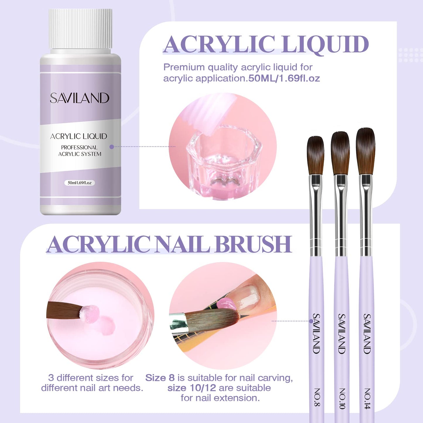 Saviland Acrylic Nail Kit - 45g White Pink Clear Acrylic Powder and Liquid Set with 3 Sizes Acrylic Nail Brush/Nail File/Nail Forms/Dappen Dish for Beginners Nail Extension Carving Acrylic Nail Set