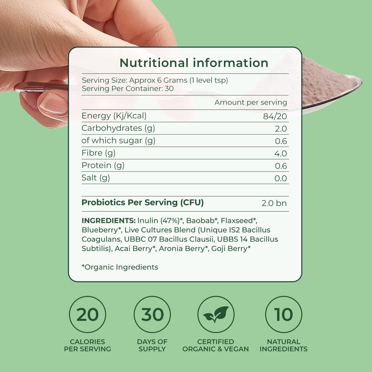 Inspiriko Organic Prebiotics for Gut Health - Award-Winning 10-in-1 Gut Health Powder with Superfoods, Inulin, Probiotics and Prebiotics. No Added Sugar, Made in UK, 180 Grams