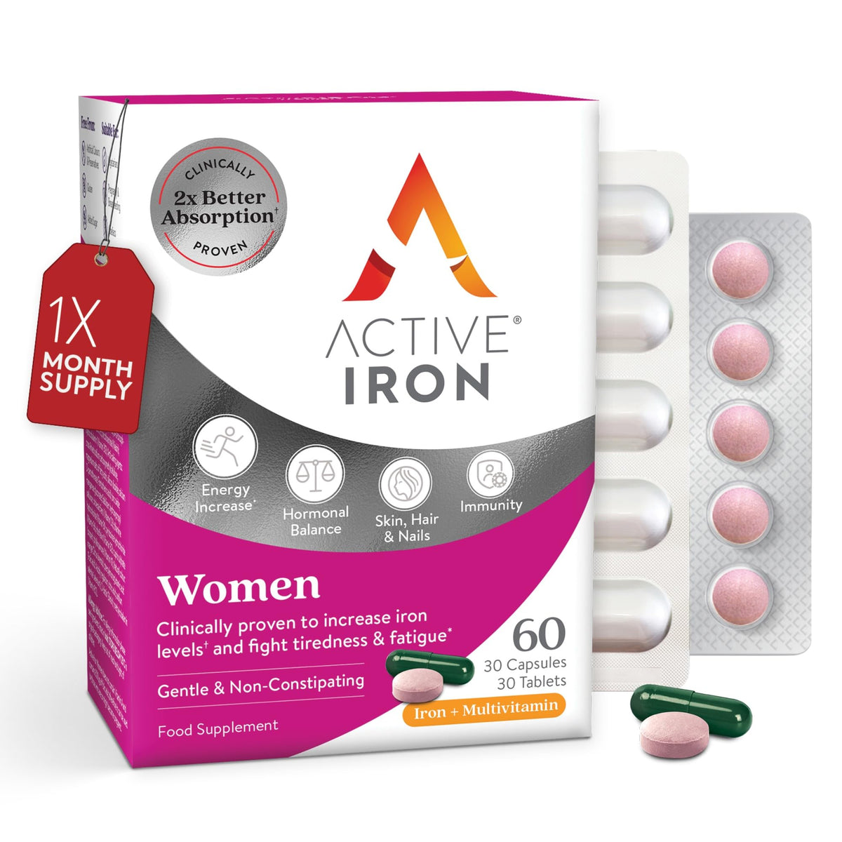 Solvotrin Active Iron Supplement 17 mg Multivitamin for Women - Clinically Proven to Increase Energy & Reduce Tiredness - Gentle, Non-Constipating Iron Women’s Multivitamin - 30 Capsules + 30 Tablets