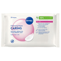 NIVEA Caring 3-in-1 Cleansing Face Wipes for Dry Skin (25 Sheets), Nourishing Face Cleanser and Makeup Wipes for Gentle Yet Effective Makeup Removal,packaging may vary