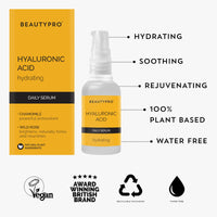 BEAUTYPRO HYALURONIC ACID Daily Hydrating Antioxidant Serum 30ml | 100% Plant Based Skincare Serum | Hydrating, Anti-Inflammatory, & Energising | Soybean & Chamomile |