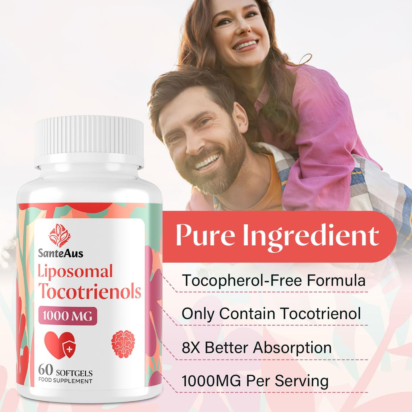 SanteAus Liposomal Tocotrienols Supplement 1000mg, Vitamin E, High Bioavailability, 95% Delta & 5% Gamma Tocotrienol Capsules, for Immune, Bone, Skin, and Antioxidant Support, No Fillers, No Soy