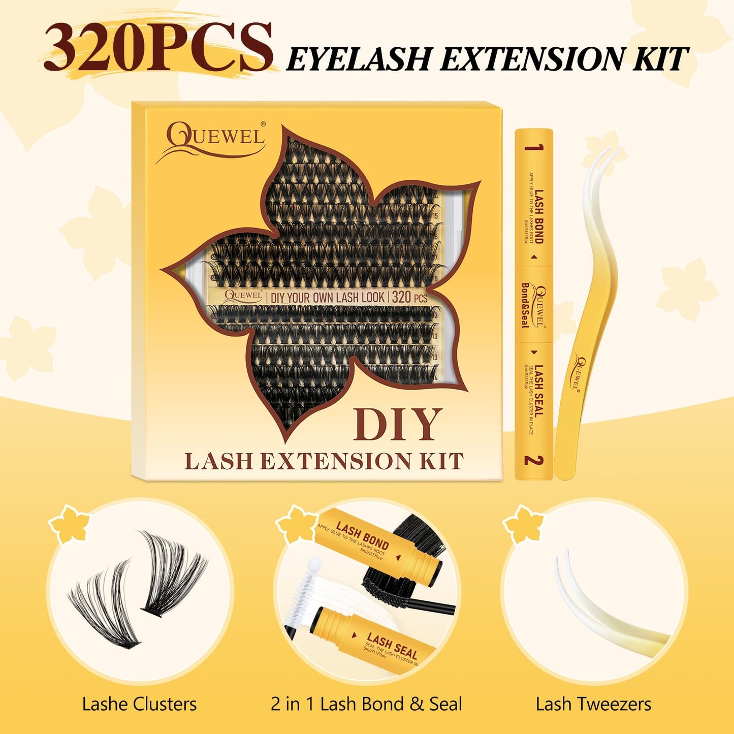 QUEWEL Lash-Clusters 320Pcs 60D+80D DIY Lash Extension Kit Mix 12-18mm Cluster-Lashes with Lash Bond and Seal and Lash Tweezer, Easily Create Thick and Charming Eyes at Home(60D+80D D MIX12-18 Kit)
