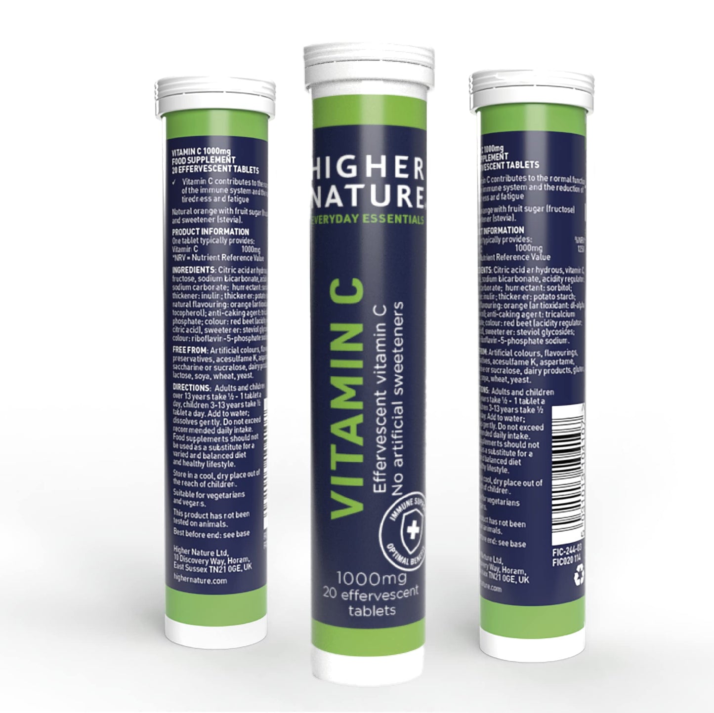 HIGHER NATURE Higher Nature - Fizzy C - Vitamin C Effervescent Tablets - Immune System Support - Vitamin C 1000mg - Vegan - 20 Tablets