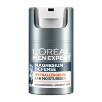 L'Oreal Men Expert Sensitive Skin Moisturiser, Magnesium Defence, Hypoallergenic 24H Daily Mens Moisturiser, With Magnesium Mineral And Hyaluronic Acid, 50ml