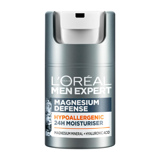 L'Oreal Men Expert Sensitive Skin Moisturiser, Magnesium Defence, Hypoallergenic 24H Daily Mens Moisturiser, With Magnesium Mineral And Hyaluronic Acid, 50ml