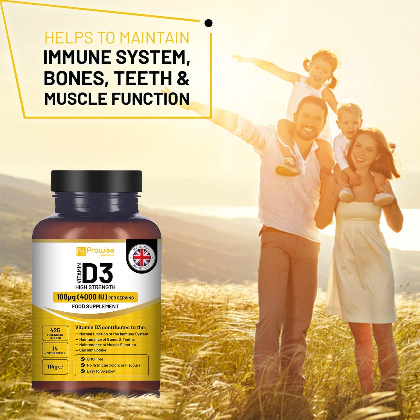 Vitamin D3 4000 IU High Strength I 425 Vegetarian Tablets (14 Months Supply) I Easy Swallow Vitamin D3 Supplement for Immune Support, Calcium Boost, Bone & Muscle I Vitamin D Made in the UK by Prowise