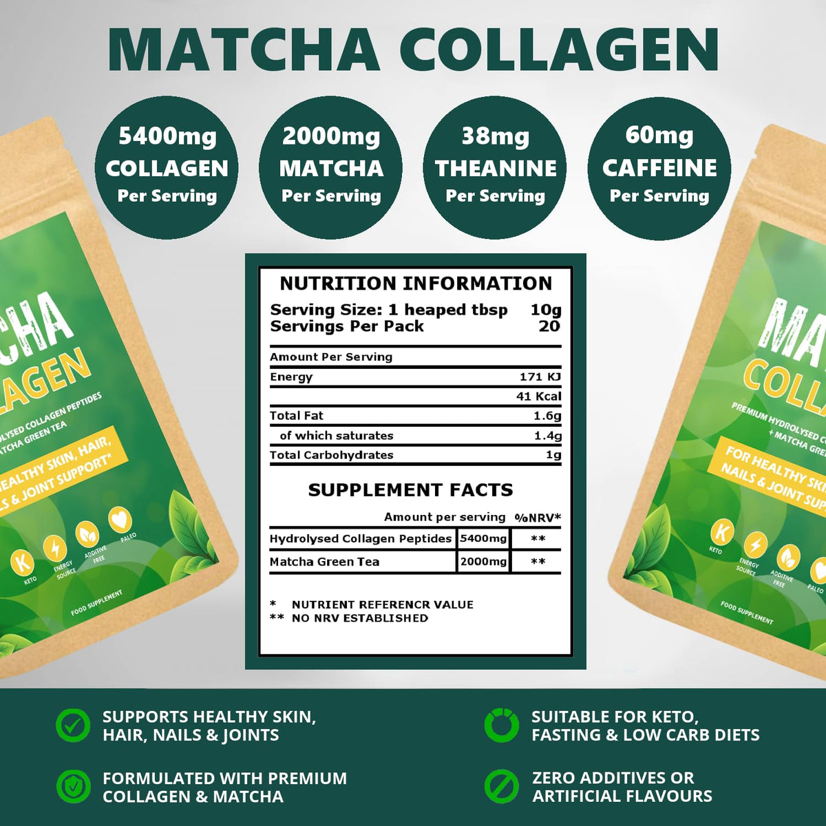 OZUNA NUTRITION Matcha Collagen Peptides Powder with L-Theanine & Natural Caffeine | Dairy-Free Matcha Latte | Matcha with Collagen for Skin, Hair & Nails | Keto & Paleo Friendly