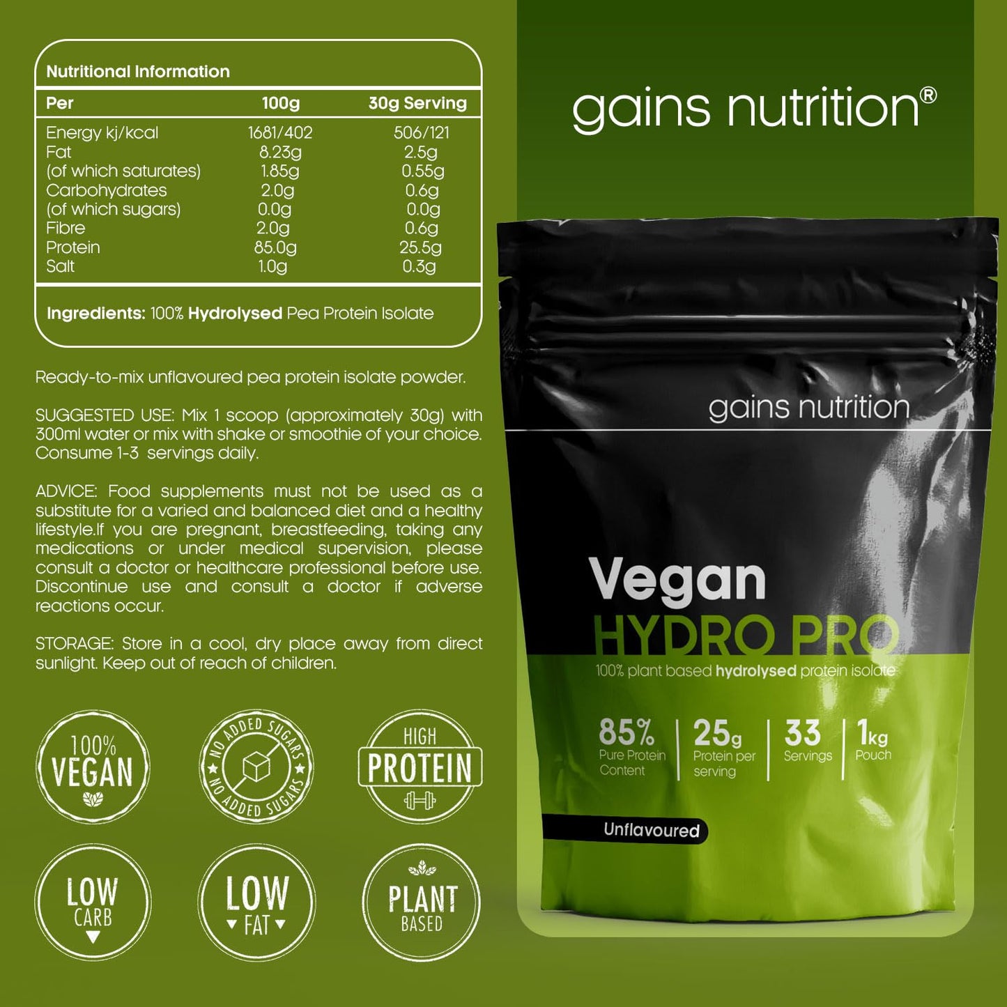 Gains Nutrition GN Vegan Hydro Pro Hydrolysed Protein Powder | 1kg Unflavoured Pea Protein Powder - Hydrolysed Plant Based Protein Powder | 25g Vegan Protein per Serving | Pea Protein Isolate | Non-GMO & Gluten Free