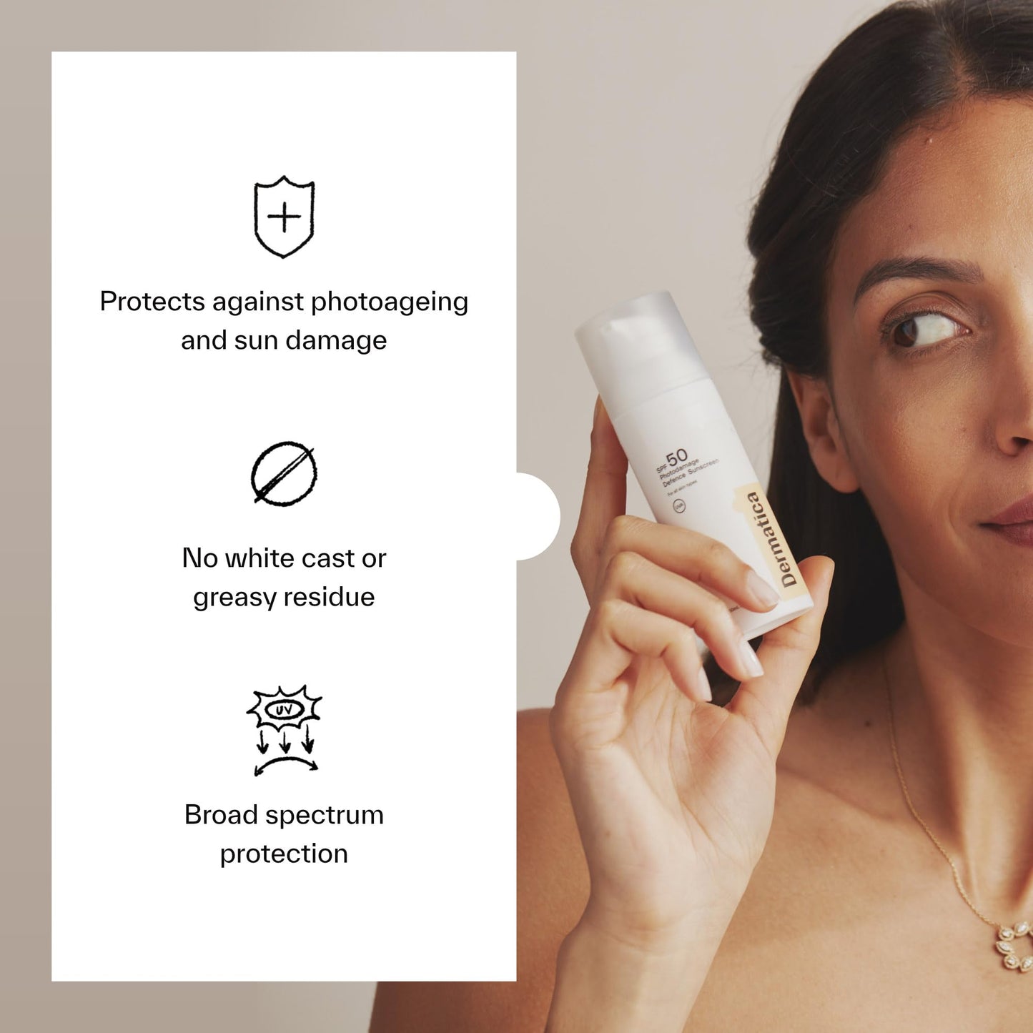 Dermatica SPF 50 Photodamage Defence Sunscreen | Anti-Ageing and Anti-Wrinkle I Fast Absorbing Lightweight Cream | Fragrance Free (50ml)