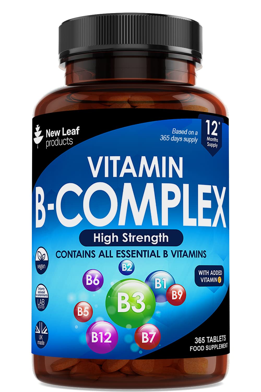 Vitamin B Complex - 365 Small Tablets (One Year Supply) High Strength All 8 B Vitamins B1-B2-B3-B5-B6-B12, Biotin, Folic Acid and Vitamin C - Reduction of Tiredness, Energy & Immune Support - UK Made