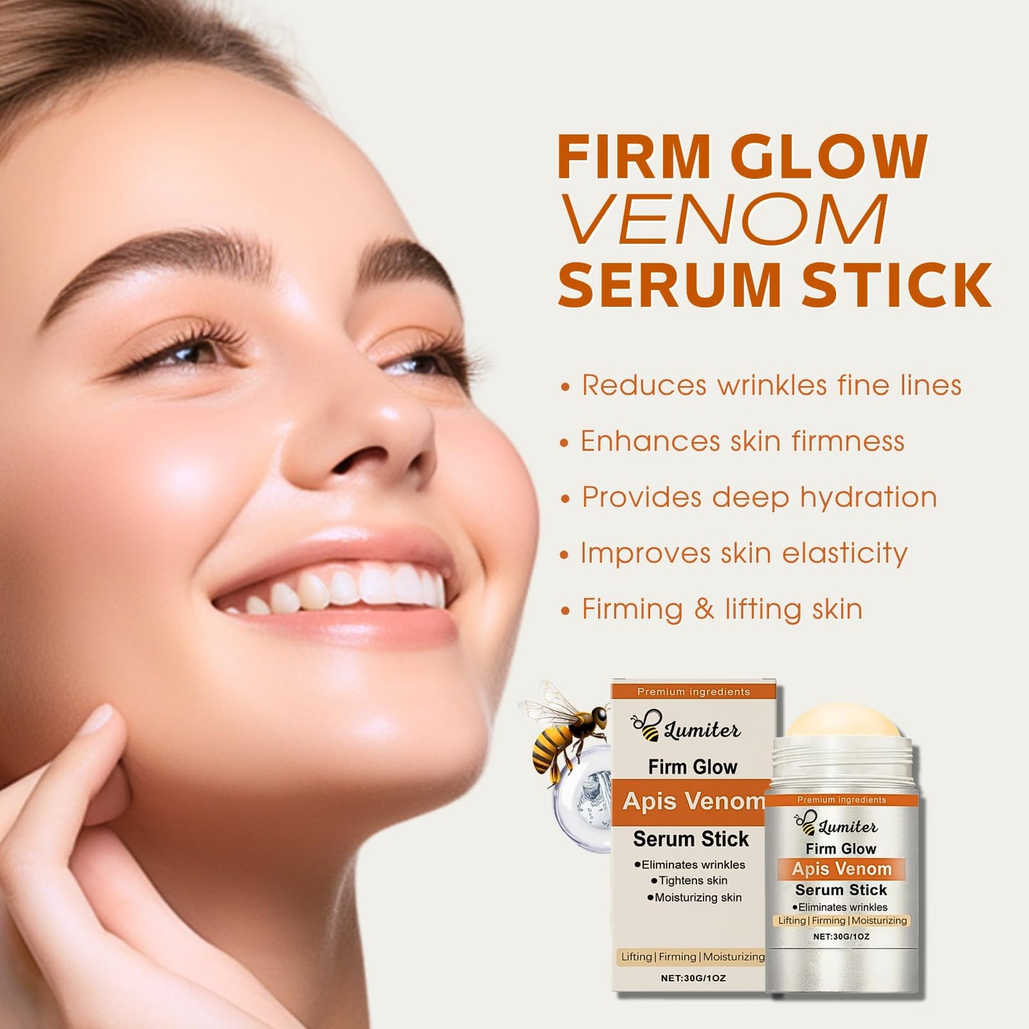 Lumiter Bee Venom Firming Serum Stick, Bee Venom Anti Wrinkle Face Cream for Women/Men, Bee Venom Serum Stick, Collagen Firming Cream for Loose Skin, Tightens & Smooths Fine Lines, 30g