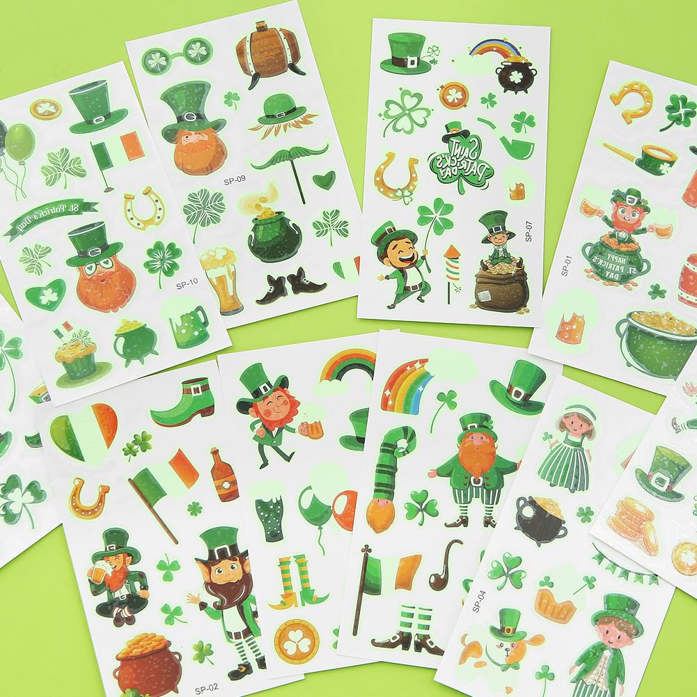 Boerni St.Patrick'S Day Temporary Tattoos,10 Sheets Luminous Shamrock Temporary Tattoo Glow in The Dark Stickers for Kids & Adults Irish St Patricks Day Decorations Accessories