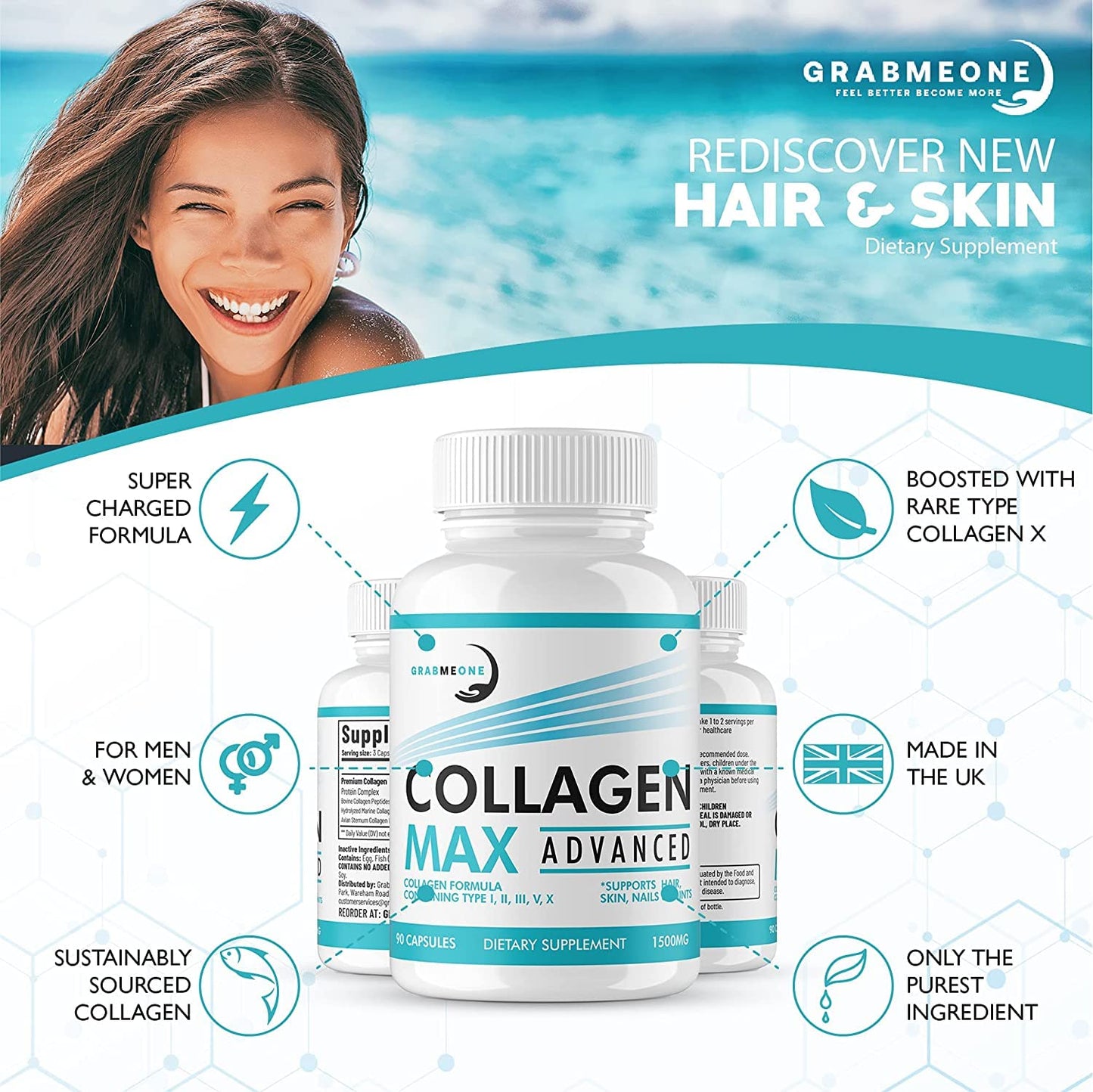 Premium Marine Collagen Supplements for Women, Ultra Potent Marine Collagen Capsules with Hyaluronic Acid and 1500mg Collagen Peptides per Serving to Support Joints, Hair, Skin, Nails & Bones