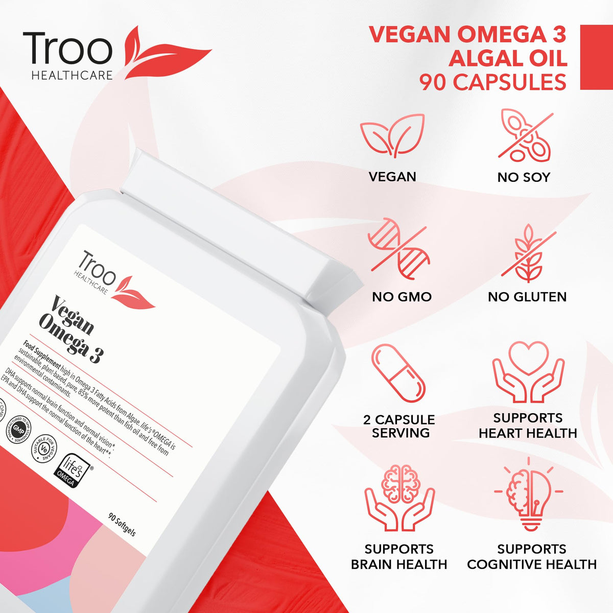 Troo Health Care Vegan Omega 3 Algal Oil 1332mg Per Serving - Provides 732mg Omegas Including a Minimum of 400mg DHA & 200mg EPA - Sustainable Plant Source Omega Oil Softgels - 90 Capsules - UK Made