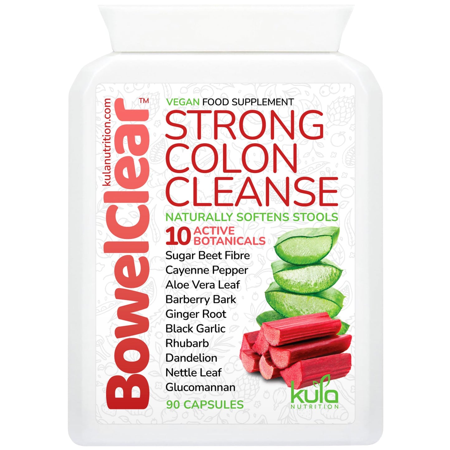 Kula Nutrition BowelClear - Strong Colon Cleanse Detox – Fast-Acting Herbal Laxatives for Constipation Relief in Adults - Natural Stool Softener with Aloe Vera, Fibre for Regular Bowel Movements - 90 Vegan Capsules