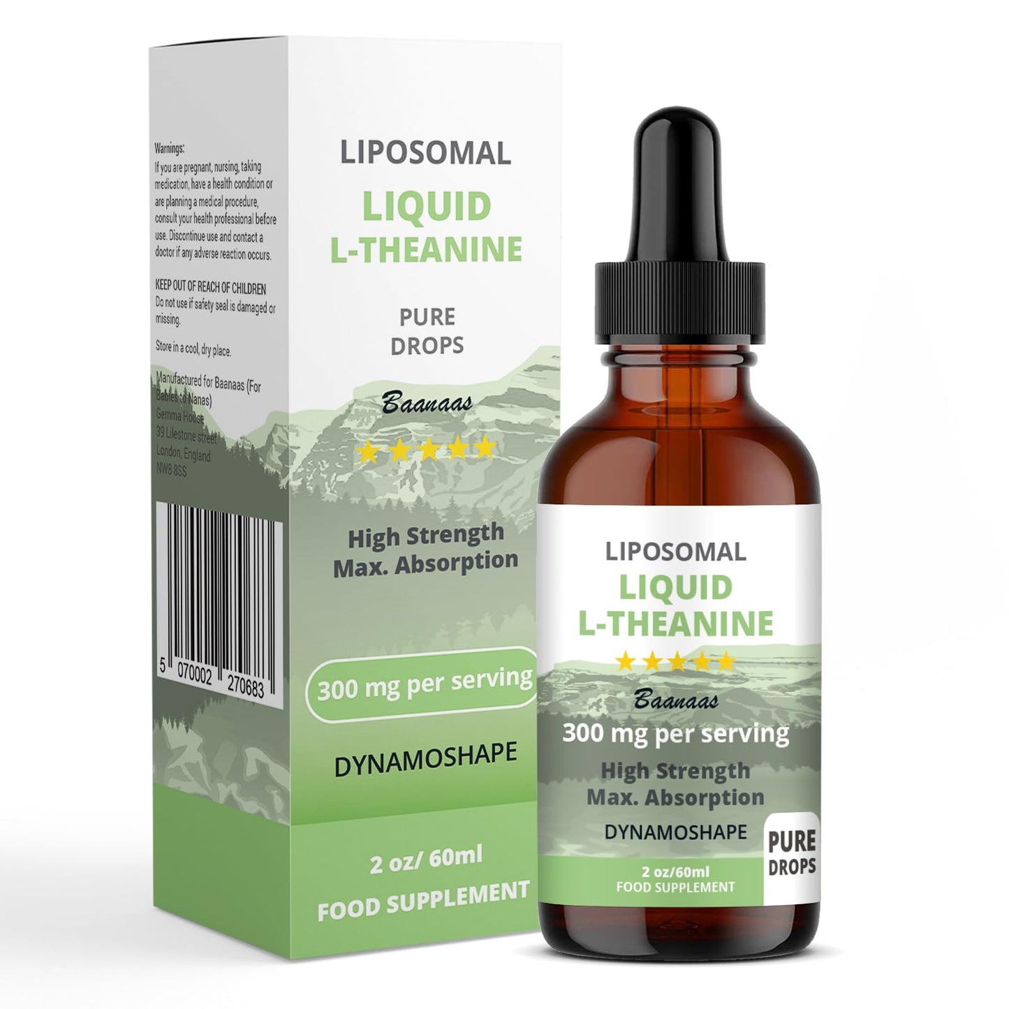 baanaas For Babies to Nanas LIPOSOMAL Liquid L-Theanine Drops for Stress Relief, Relaxation, Focus Without Drowsiness with MAX Absorption, 350mg per Serving