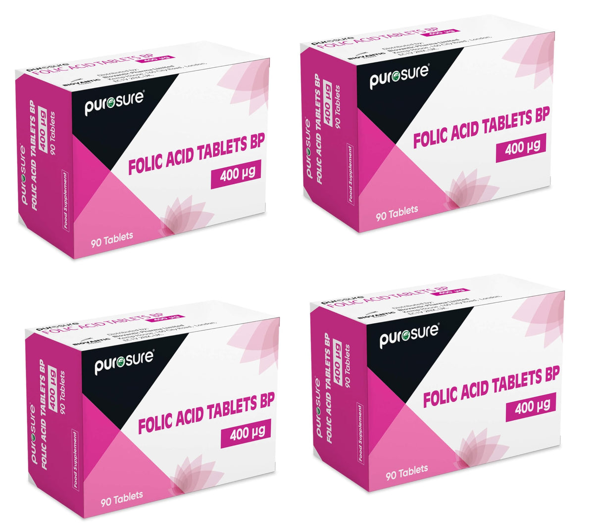 PuroSure Folic Acid 400 mcg Tablets 4Pack 360 Vitamin B9 Tablets 1 Year Supply for Pregnancy Care Supports Maternal Tissue Growth During Pregnancy Reduce Tiredness and Fatigue Boost Health and Immune System