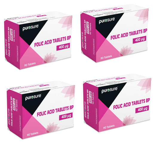 PuroSure Folic Acid 400 mcg Tablets 4Pack 360 Vitamin B9 Tablets 1 Year Supply for Pregnancy Care Supports Maternal Tissue Growth During Pregnancy Reduce Tiredness and Fatigue Boost Health and Immune System
