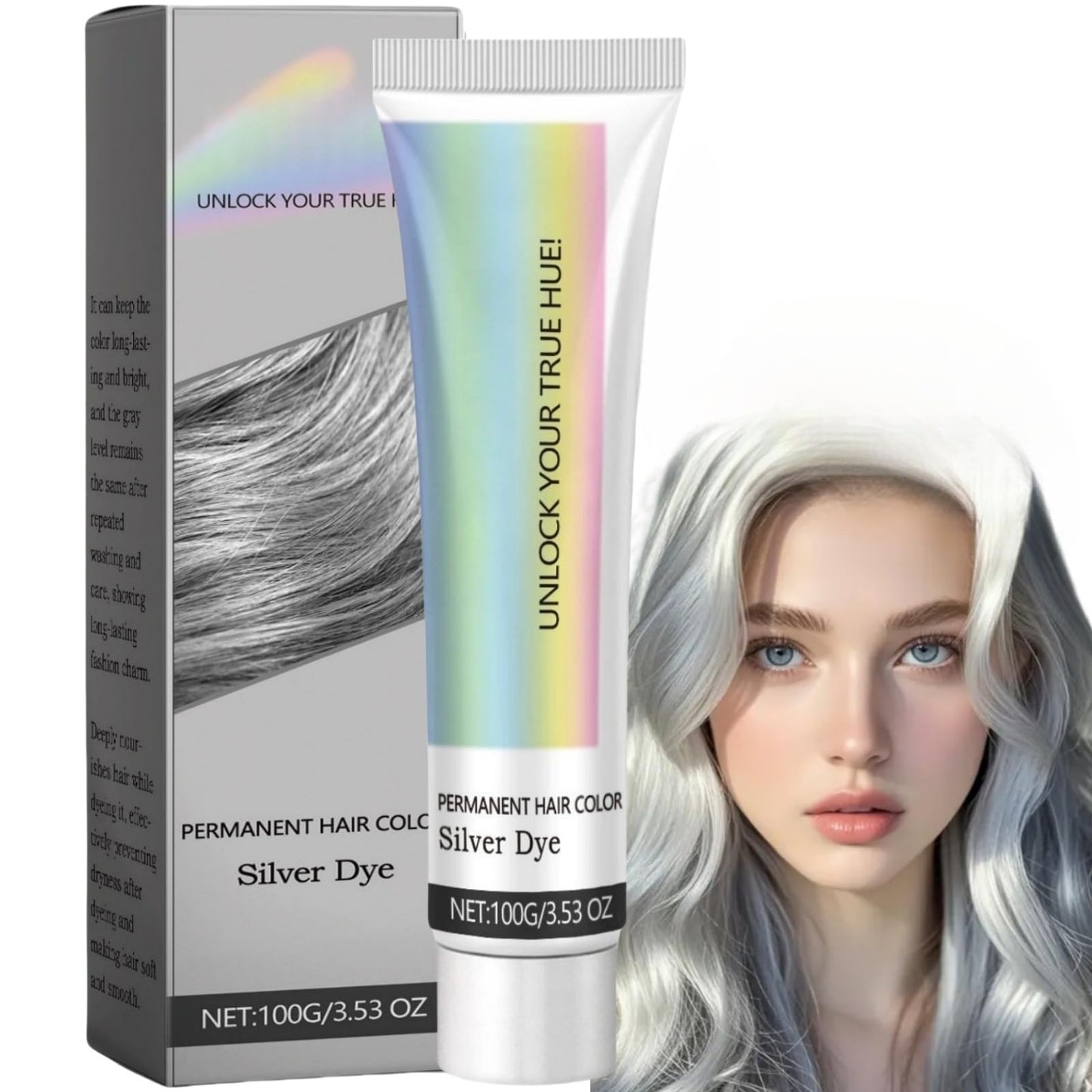 2 In 1 Natural Essence Extract Silver Hair Dye,Metallic Silver Gray Hair Dye,Silv/er Gray Natural Ha/ir Dye Cream,Perment Hair Color Silv/er Dye,Grey Semi-Permanent Hair Colour,Sil/ver Grey Colour