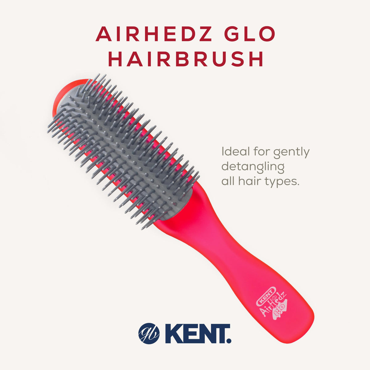 KENT Kent AirHedz Glo Half Round Hair Brush Raspberry - Detangling Hairbrush for Medium to Long Thick Hair, Cushioned Non-Scratch Quill Brush